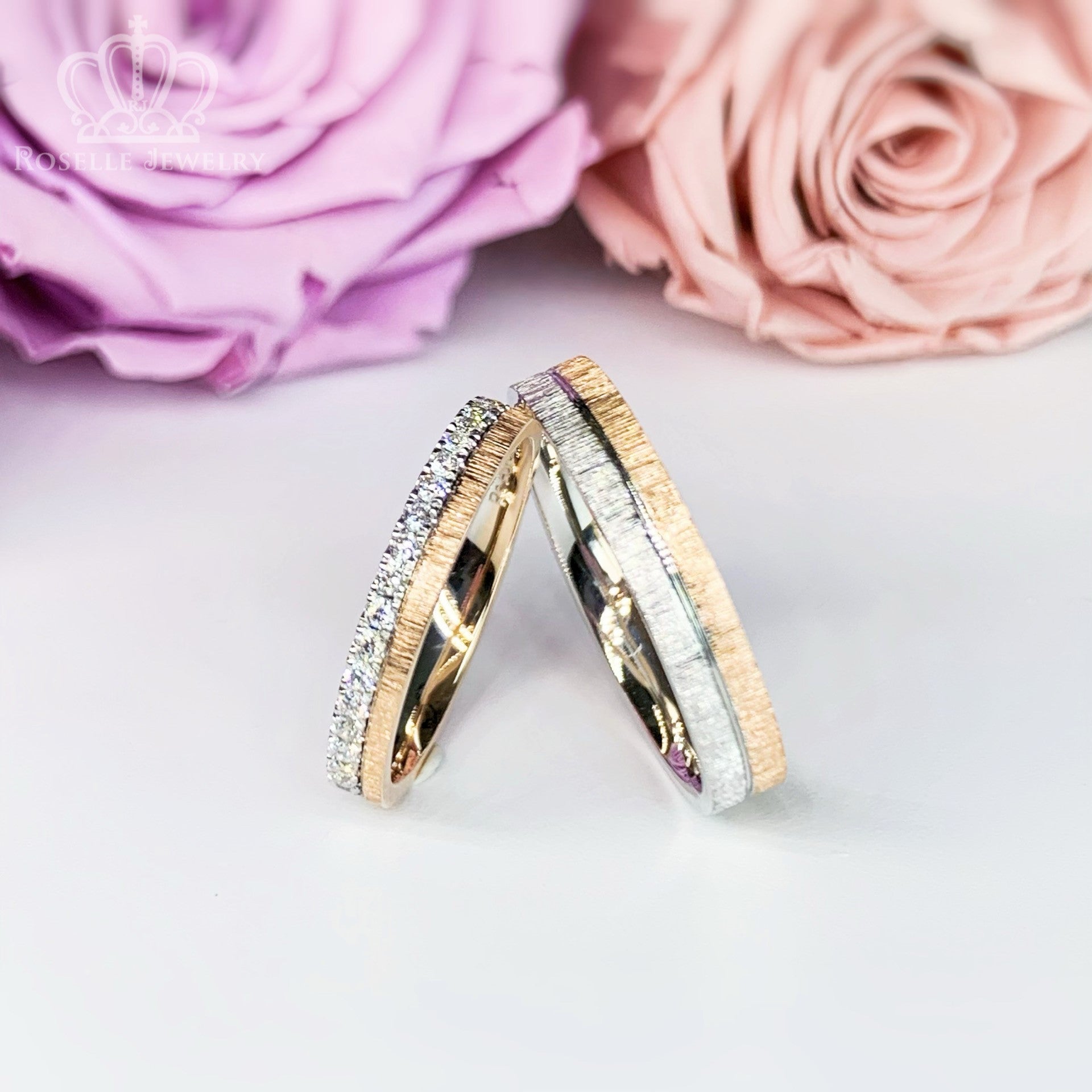 Twist Two Tone Gold Diamond Couple Wedding Ring Set - WM66