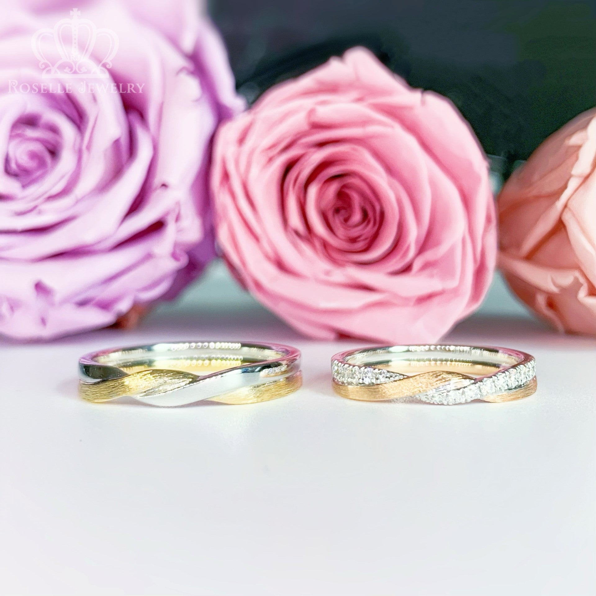 Twist Two Tone Gold Diamond Couple Wedding Ring Set - WM68