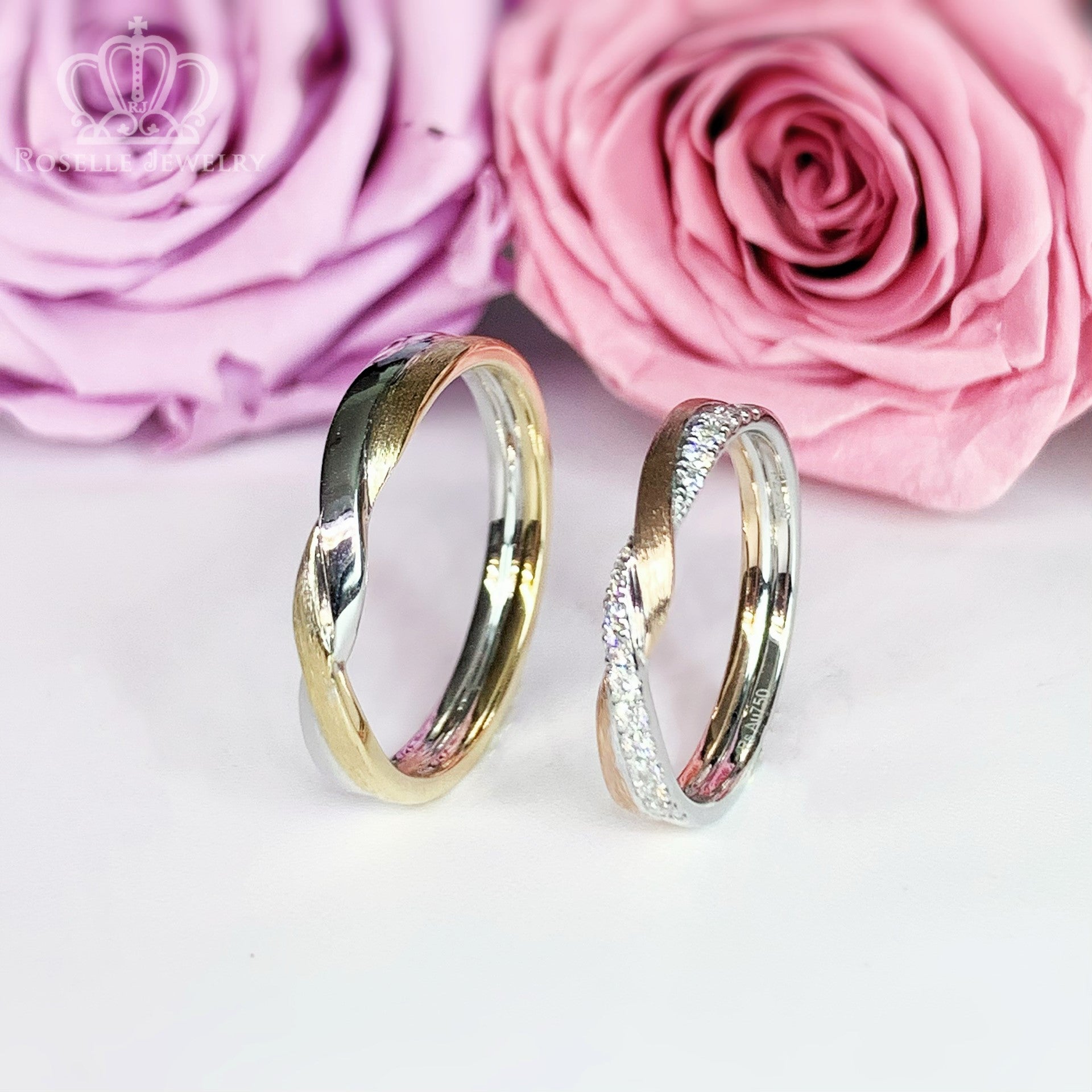 Twist Two Tone Gold Diamond Couple Wedding Ring Set - WM68