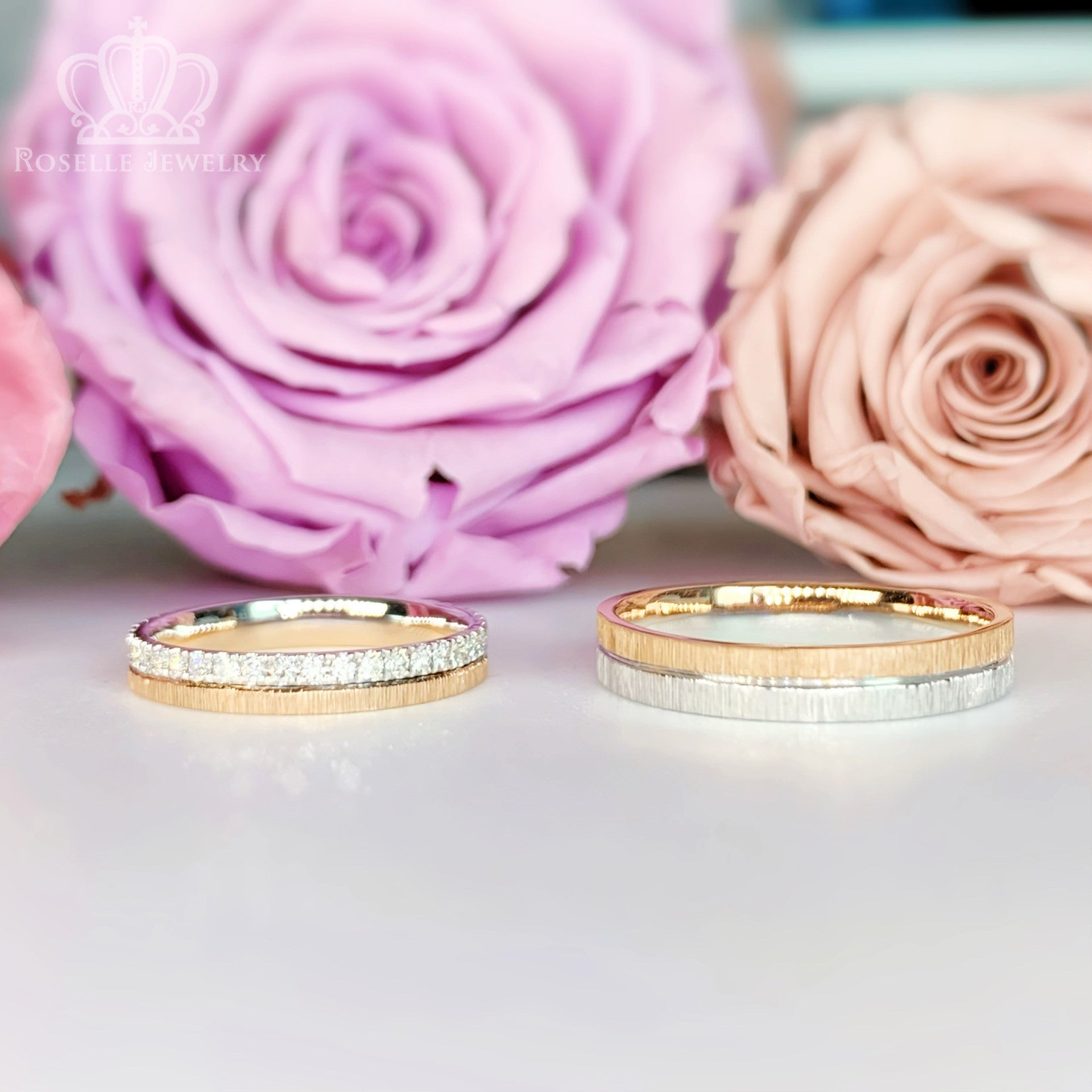 Twist Two Tone Gold Diamond Couple Wedding Ring Set - WM66