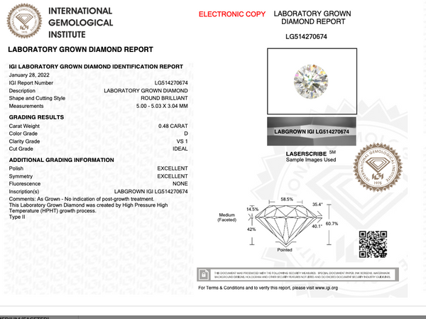 0.48CT Round D VS1 IDEAL EX EX NONE - LG514270674 - Roselle Jewelry