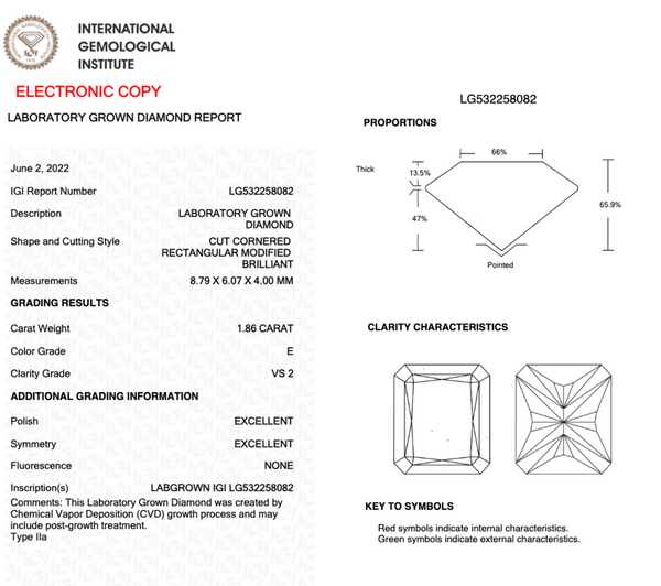 1.86CT D VS2 Radiant Cut EX EX NONE - LG532258082 - Roselle Jewelry