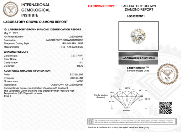 0.32CT Round D SI1 IDEAL EX EX NONE- LG530290031 - Roselle Jewelry