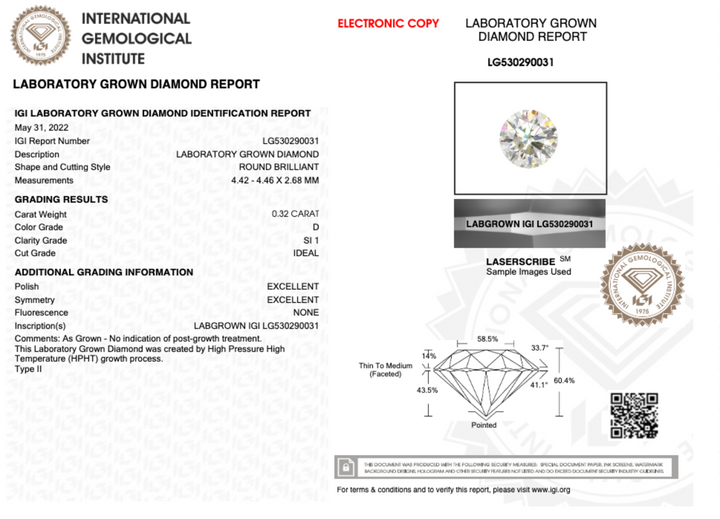 0.32CT Round D SI1 IDEAL EX EX NONE- LG530290031 - Roselle Jewelry