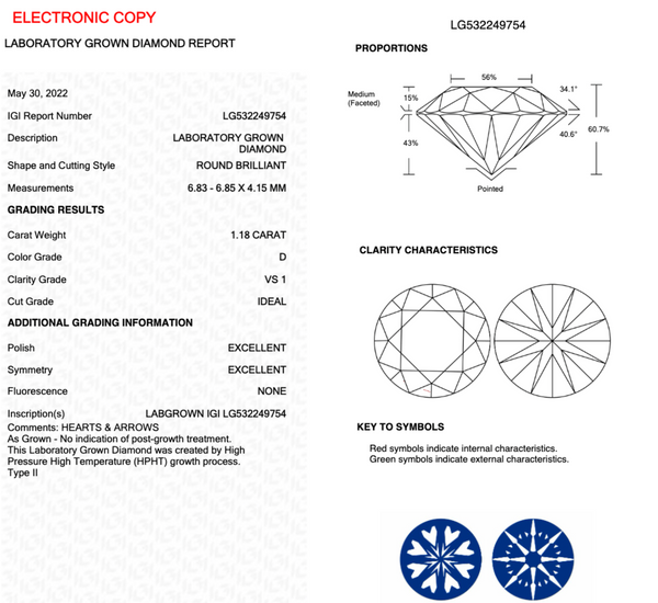 1.18CT Round D VS1 IDEAL EX EX NONE (H&A)- LG532249754 - Roselle Jewelry