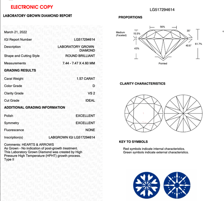 1.57CT Round D VS2 IDEAL 3EX NONE (H&A) - LG517294614 - Roselle Jewelry