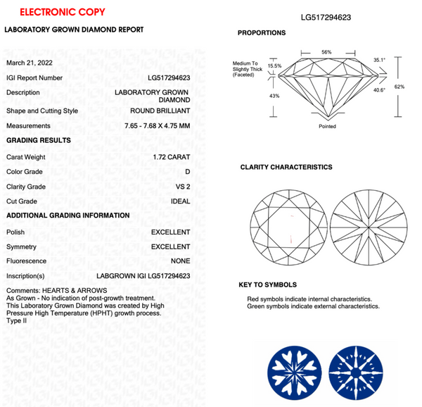 1.72CT Round D VS2 IDEAL 3EX NONE (H&A) - LG517294623 - Roselle Jewelry