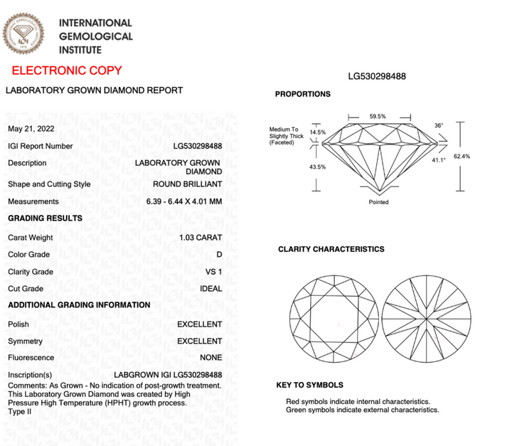1.03CT Round D VS1 IDEAL EX EX NONE- LG530298488 - Roselle Jewelry