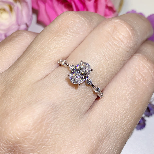 1.18CTW Oval Cut Lab Grown Side Stone Diamond Engagement Ring - LGR006 - Roselle Jewelry