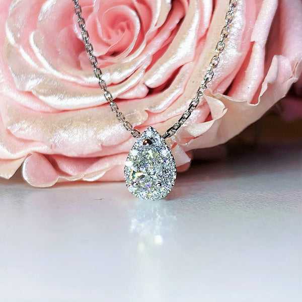 0.43CTW Pear Cut Lab Grown Diamond Side Stone Halo Pan Necklaces - LC2 - Roselle Jewelry