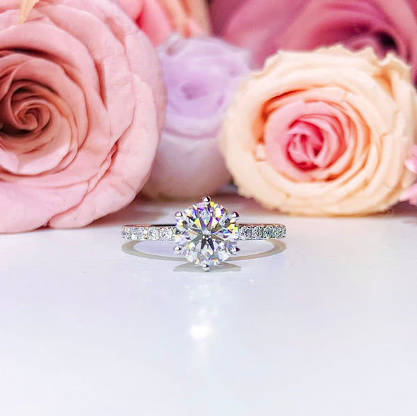 1.00CT Six Prong Lab Grown With Side Stone Diamond Ring - KT31 - Roselle Jewelry