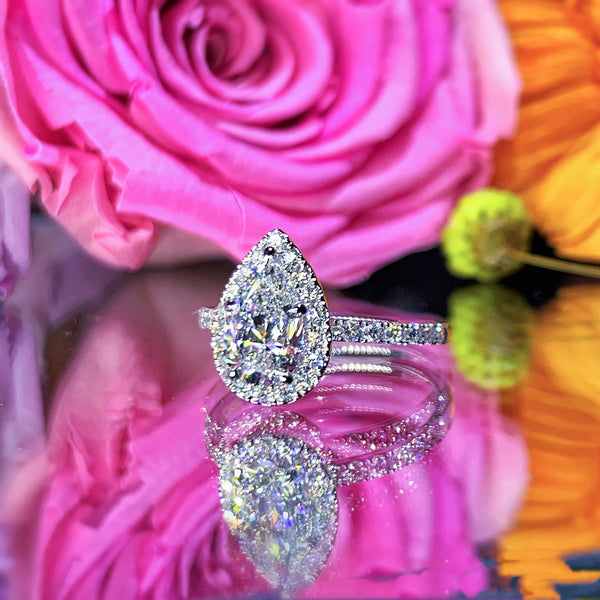 1.03CT Pear Cut Lab Grown With Side Stone Halo Engagement Diamond Ring - LGR011 - Roselle Jewelry