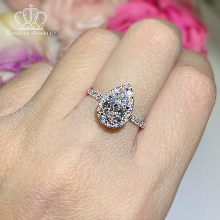 1.03CT Pear Cut Lab Grown With Side Stone Halo Engagement Diamond Ring - LGR011 - Roselle Jewelry