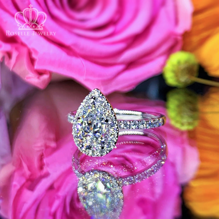 1.03CT Pear Cut Lab Grown With Side Stone Halo Engagement Diamond Ring - LGR011 - Roselle Jewelry