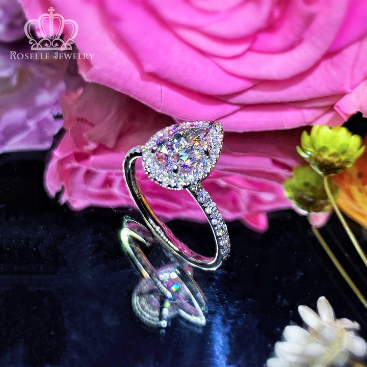 1.03CT Pear Cut Lab Grown With Side Stone Halo Engagement Diamond Ring - LGR011 - Roselle Jewelry