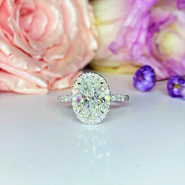 Oval Lab Grown With Side Stone Halo Engagement Diamond Ring - LGR021